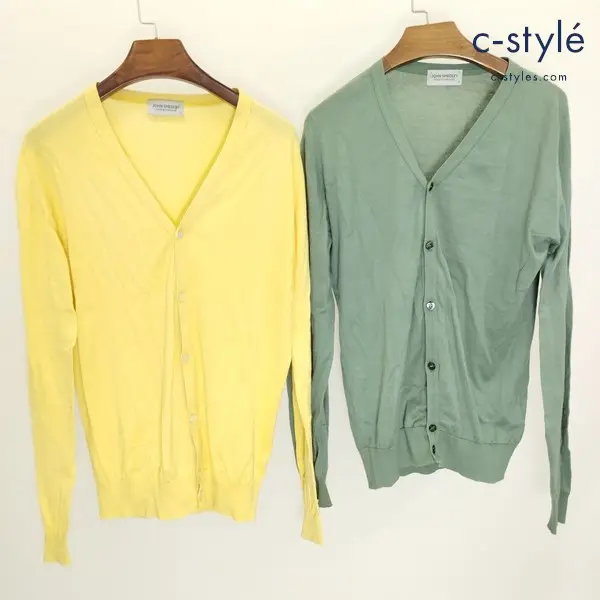 JOHN SMEDLEY ジョンスメドレー カーディガン S グリーン イエロー イギリス製 綿100 薄手 長袖