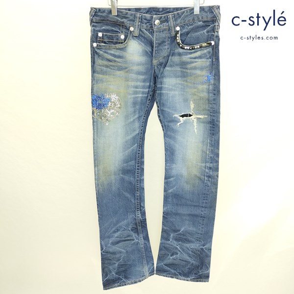 FranCisT_MOR.K.S. フランシストモークス デニムパンツ 3 インディゴ スワロフスキー スタッズ ダメージ加工