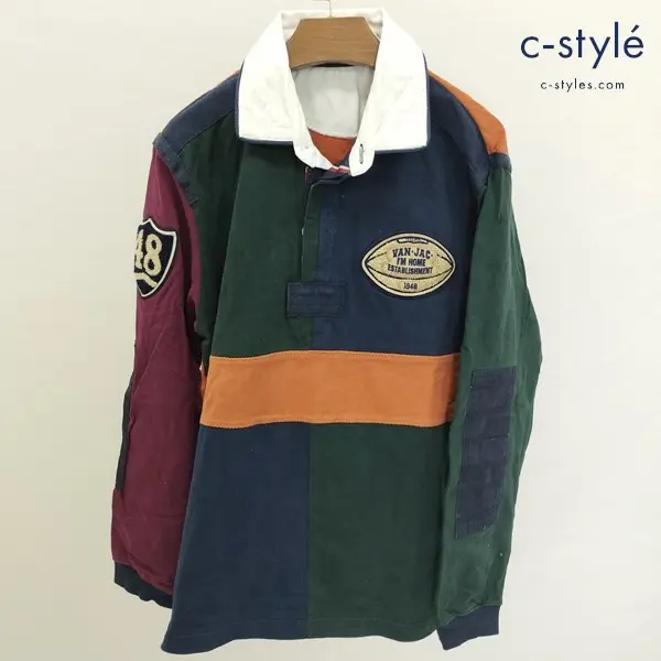 VAN JAC ヴァンヂャケット ラガーシャツ LL マルチカラー 長袖 綿100 ワッペン