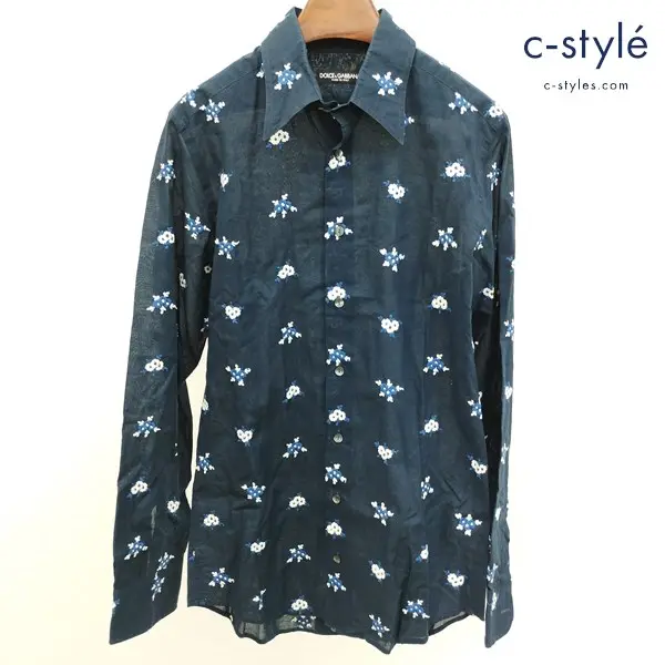 DOLCE＆GABBANA ドルチェ＆ガッバーナ 長袖シャツ 40 ネイビー 花柄 刺繍 イタリア製 綿100