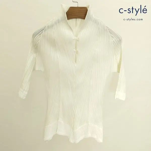 ISSEY MIYAKE イッセイミヤケ プリーツ加工 レース切替ブラウス 2 イエロー系 日本製 レディース