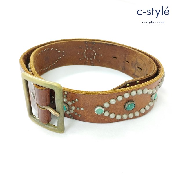 HTC エイチティーシー スタッズベルト 34 ブラウン レザーベルト ターコイズ 装飾