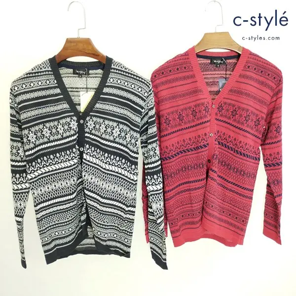 Or Glory オアグローリー Vネック カーディガン S レッド×ネイビー ブラック×ホワイト 日本製 コットン100