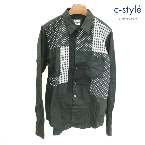 BLACK COMME des GARCONS コムデギャルソン パッチワークシャツ L ブラック ドット ギンガムチェック柄 日本製