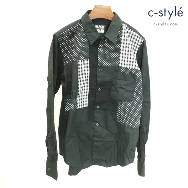 BLACK COMME des GARCONS コムデギャルソン パッチワークシャツ L ブラック ドット ギンガムチェック柄 日本製