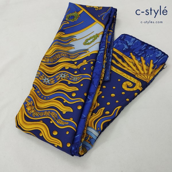HERMES エルメス カレ CARPE DIEM スカーフ ブルー系 シルク100％ フランス製 レディース