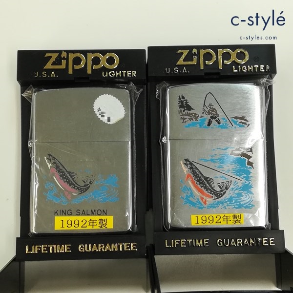 ZIPPO ジッポー 1992年製 FISHING 釣り KING SALMON ALASKA オイルライター シルバー キングサーモン 魚 釣人