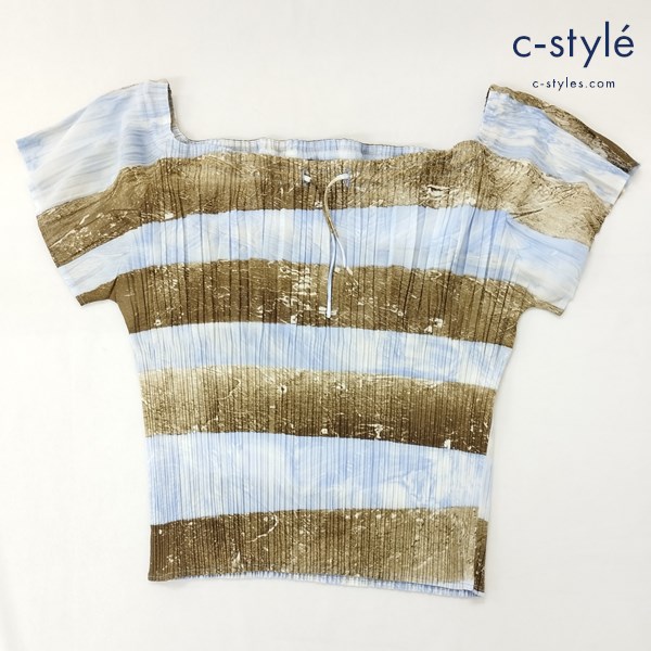 ISSEY MIYAKE イッセイミヤケ 半袖カットソー 3 ブルー×ブラウン オフショル 日本製 レディース