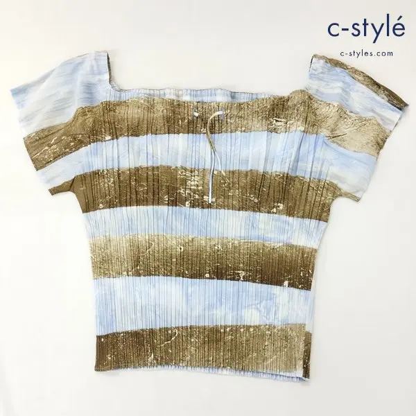 ISSEY MIYAKE イッセイミヤケ 半袖カットソー 3 ブルー×ブラウン オフショル 日本製 レディース
