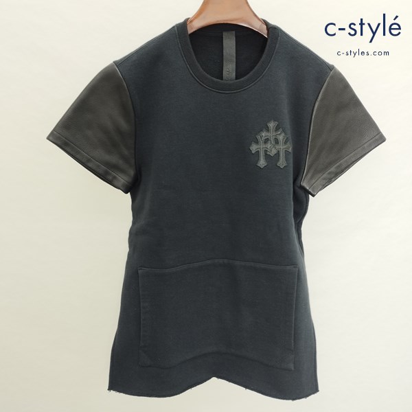 CHROME HEARTS クロムハーツ レザー切替クロスパッチ S/S スウェットシャツ M ブラック 半袖 綿100