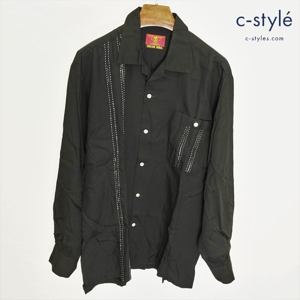 CREAM SODA 長袖 オープンカラーシャツ ブラック ボックスプリーツ ステッチ レーヨン100 金タグ ロカビリー