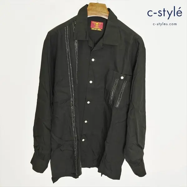 CREAM SODA 長袖 オープンカラーシャツ ブラック ボックスプリーツ ステッチ レーヨン100 金タグ ロカビリー