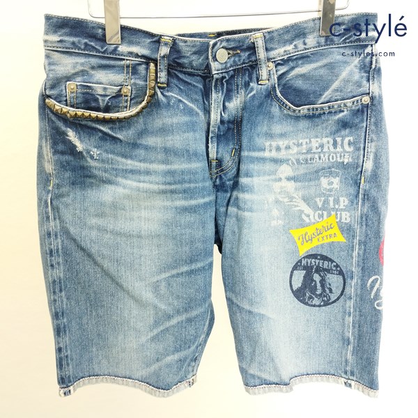 HYSTERIC GLAMOUR SP加工 プリントデニムショートパンツ 32 インディゴ 0242AM04 綿100 スタッズ