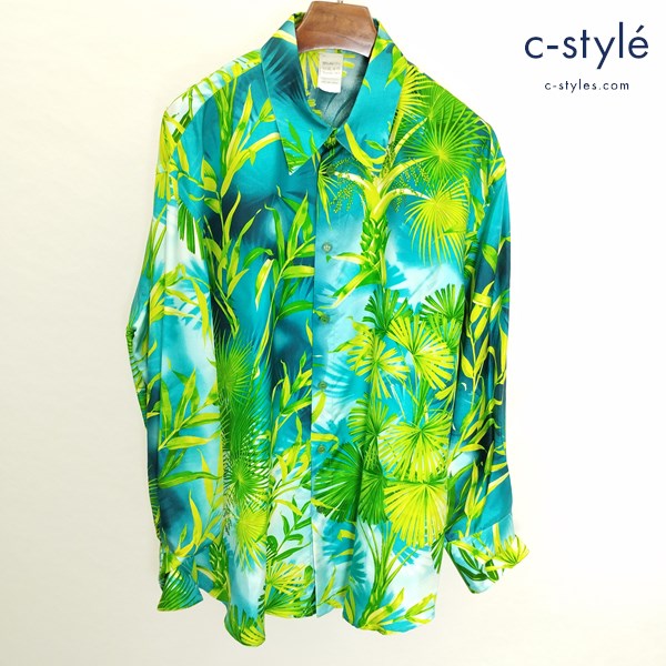 GIANNI VERSACE ジャンニヴェルサーチ 長袖シルクシャツ 52 グリーン系 イタリア製 シルク100 総柄