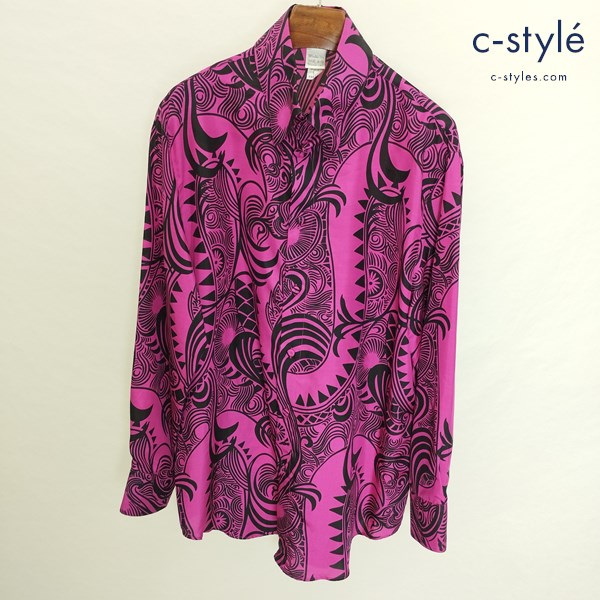 GIANNI VERSACE ジャンニヴェルサーチ 長袖シルクシャツ 52 ピンク×ブラック イタリア製 シルク100 総柄