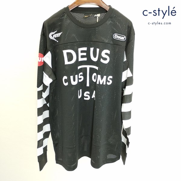 DEUS EX MACHINA Spit N Shine Moto Jersey XL ブラック×ホワイト 長袖 ロンT メッシュ