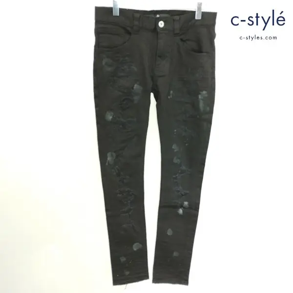 NO ID. デストロイ スキニー デニムパンツ 1 ブラック ストレッチ 852225-366P クラッシュ ペイント加工