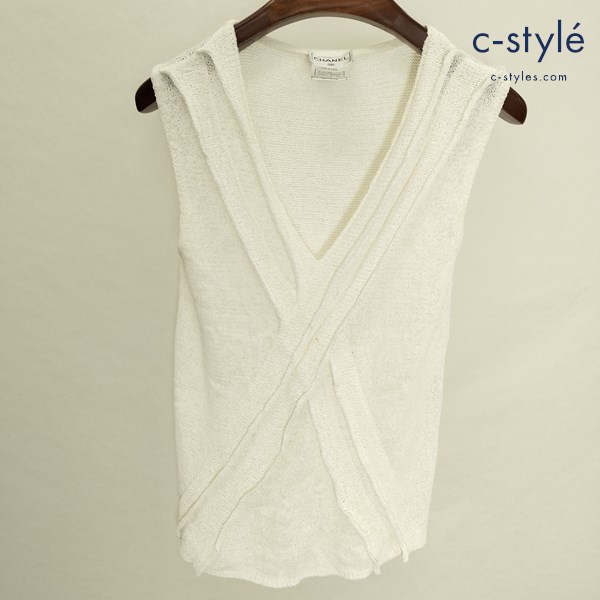 CHANEL シャネル ノースリーブ 40 白 Vネックニット