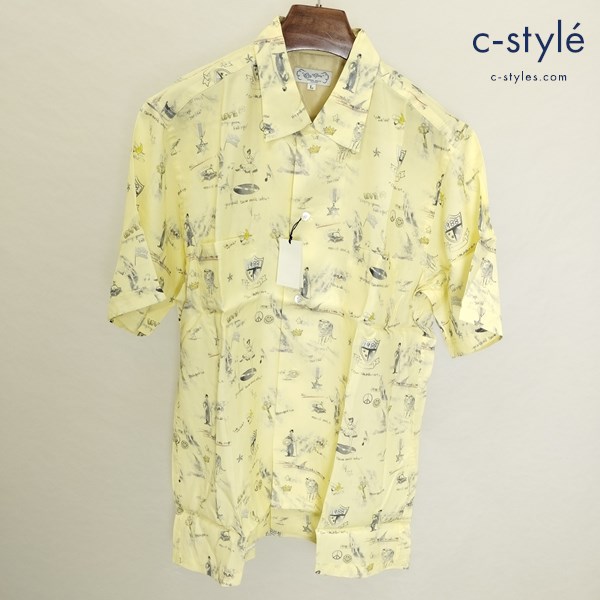 Or Glory オアグローリー オープンカラーシャツ L イエロー 半袖 日本製 総柄 レーヨン100