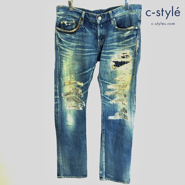 HYSTERIC GLAMOUR RS加工デニムパンツ 32 インディゴ 0211AP08 ダメージ スタッズ 綿100 日本製