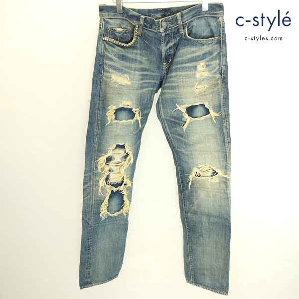 HYSTERIC GLAMOUR クラッシュ加工 スタッズデニムパンツ 32 インディゴ 綿100 日本製 ジーンズ