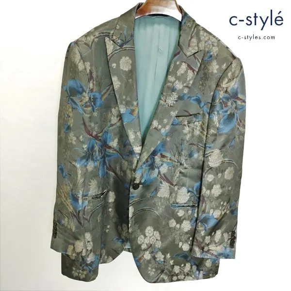 ETRO エトロ テーラードジャケット 60 グリーン系 1B サイドベンツ 裏地シルク100 総柄 イタリア製