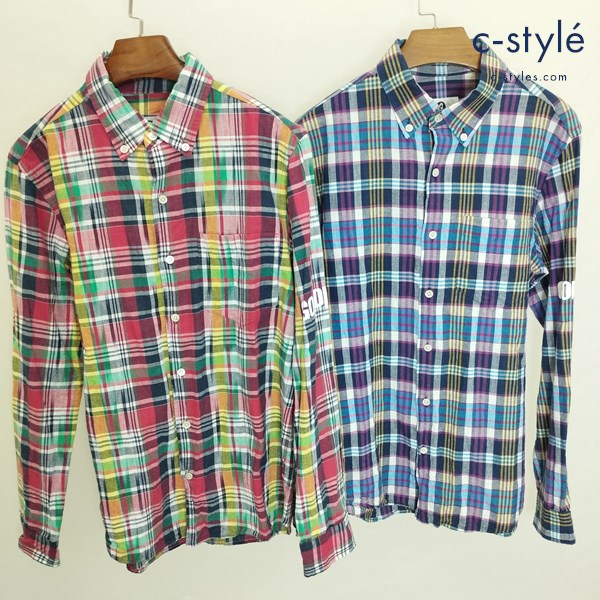 GOOD ENOUGH ボタンダウンシャツ 2 マルチカラー 赤系 青系 チェック柄 長袖 袖口ジップ 綿100 計2点