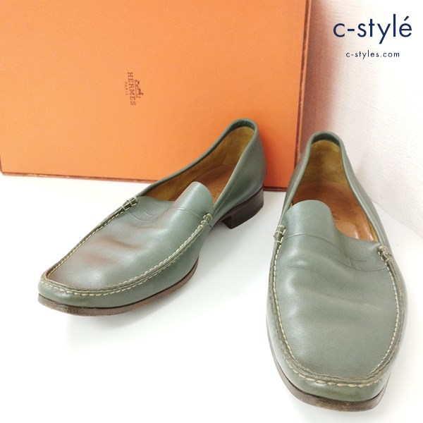 HERMES エルメス スリッポン 40 グリーン系 ローファー レザーシューズ イタリア製