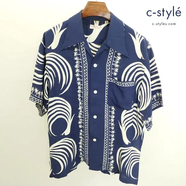 SUN SURF アロハシャツ M 紺×白 半袖 ヤシの木 鶴 オープンカラーシャツ レーヨン100 M32879