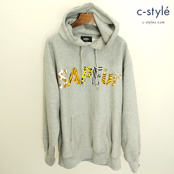 SAPEur × atmos NIGHT SAFARI LOGO HOODIE プルオーバーパーカー XL グレー ロゴプリント フーディー 長袖