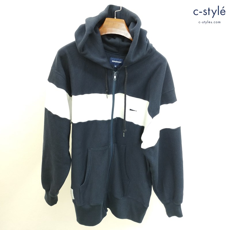 DESCENDANT ディセンダント ジップパーカー 2 ネイビー×ホワイト フーディー 長袖 刺繍 日本製