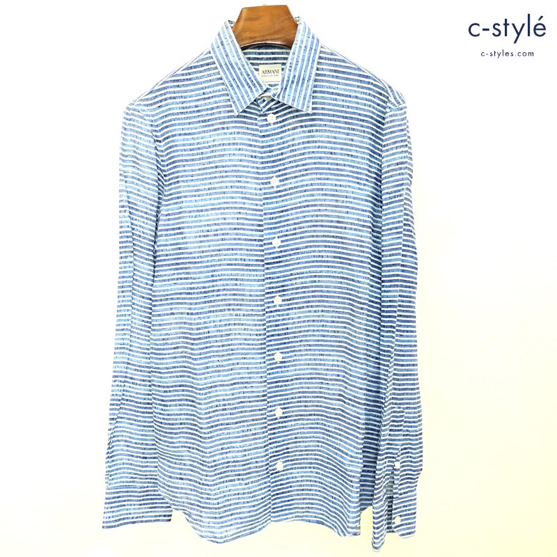 ARMANI COLLEZIONI リネンボーダー長袖シャツ S ブルー×ホワイト リネンシャツ ボーダー柄 RCSMZLRC3F4