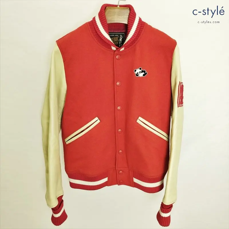 HYSTERIC GLAMOUR PANDA MANIA S レッド×クリーム 刺繍 レザースリーブスタジャン 01173AB01 レディース