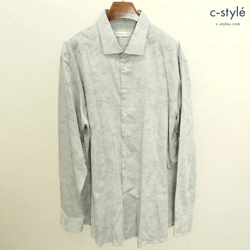 ETRO エトロ 長袖シャツ 47 グレー系 総柄 コットン100 イタリア製