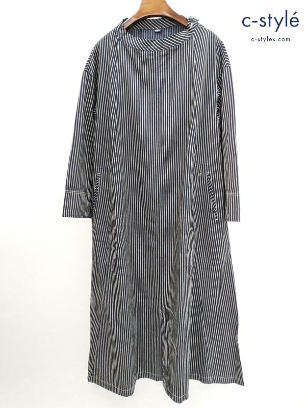 45R ロングワンピース 0 インディゴ×ベージュ系 ストライプ 綿100 日本製 レディース