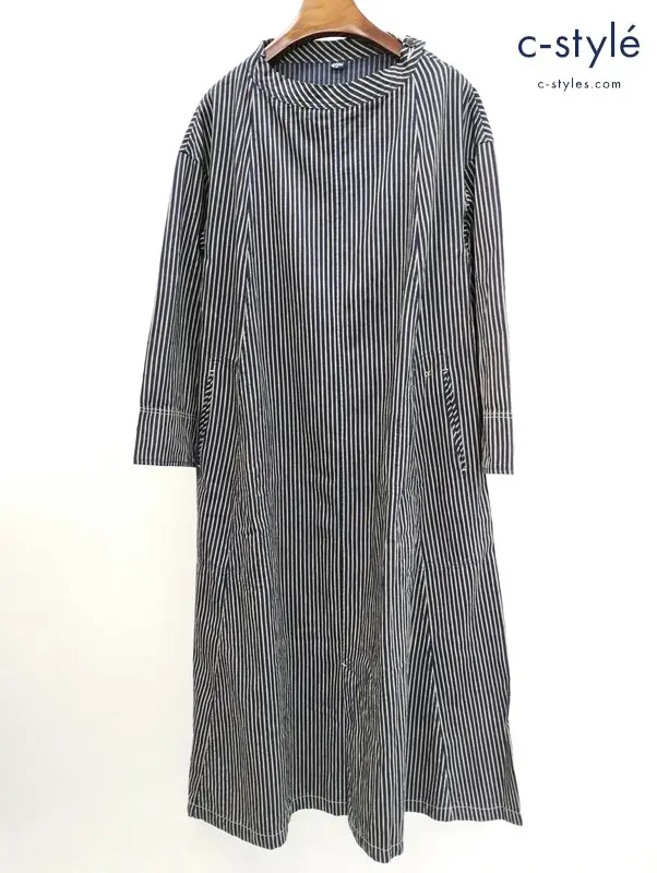 45R ロングワンピース 0 インディゴ×ベージュ系 ストライプ 綿100 日本製 レディース
