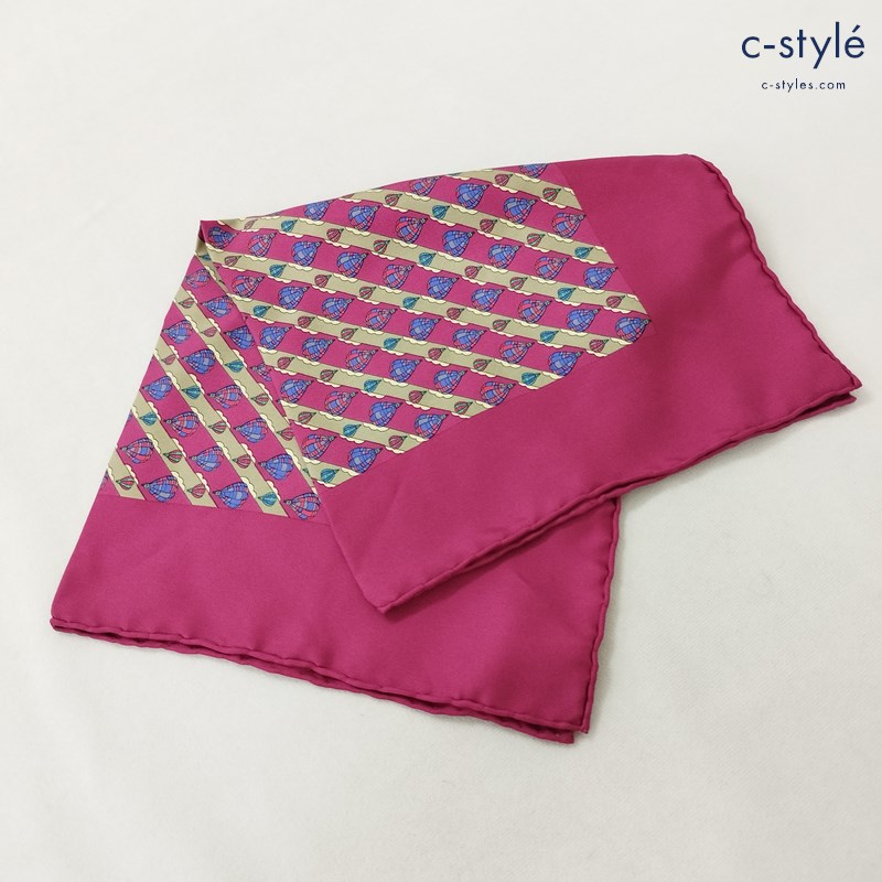 HERMES エルメス ポケットチーフ 赤紫 気球 シルク100 MADE IN FRANCE スカーフ