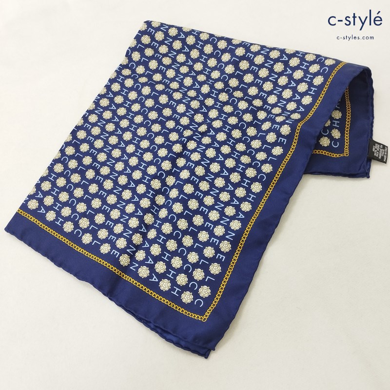 CHANEL シャネル ポケットチーフ ネイビー 総柄 シルク100 MADE IN ITALY スカーフ