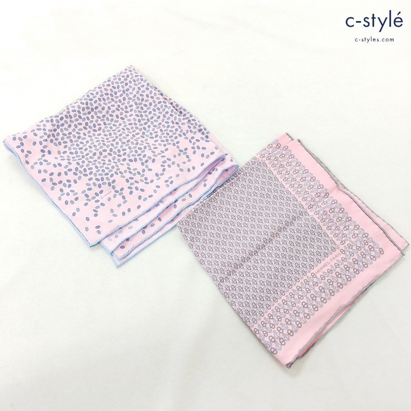 HERMES エルメス ポケットチーフ ピンク 総柄 シルク100 MADE IN FRANCE スカーフ 計2点