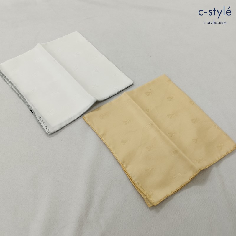HERMES エルメス ポケットチーフ ゴールド ホワイト 総柄 シルク100 MADE IN FRANCE スカーフ 計2点