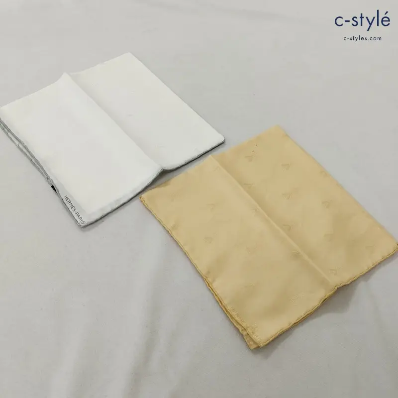 HERMES エルメス ポケットチーフ ゴールド ホワイト 総柄 シルク100 MADE IN FRANCE スカーフ 計2点