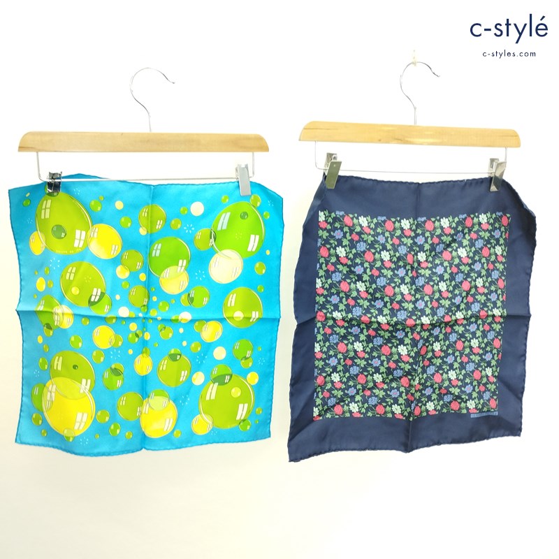 HERMES エルメス ポケットチーフ ブルー ネイビー 総柄 花 シャボン玉 MADE IN FRANCE 計2点