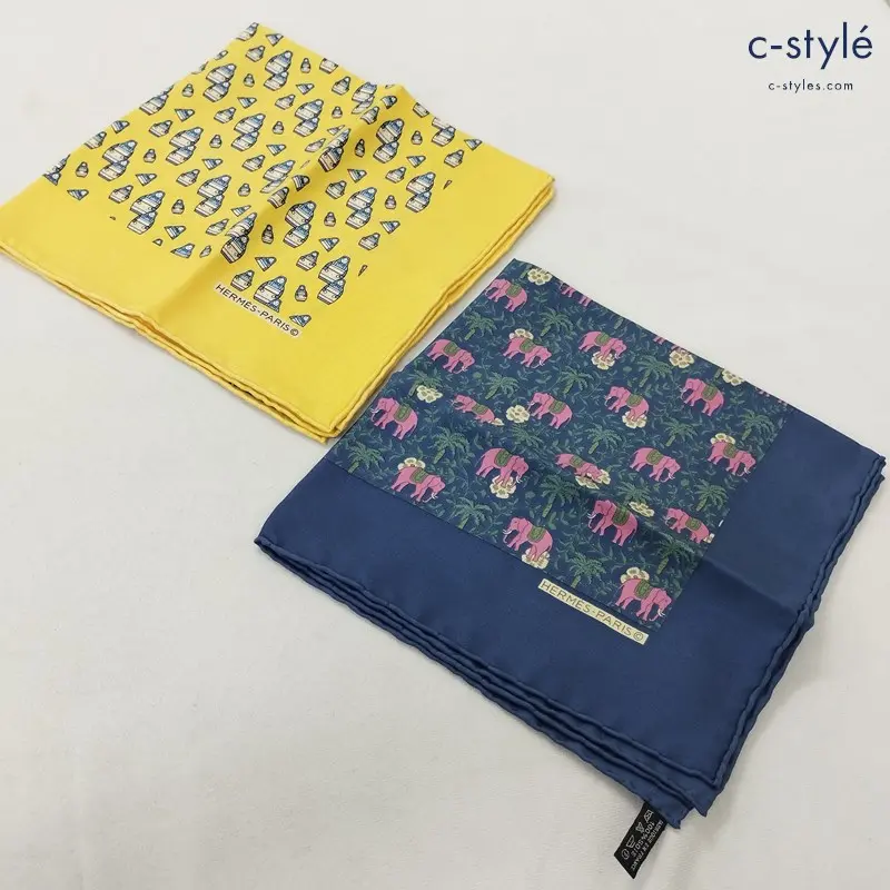 HERMES エルメス ポケットチーフ イエロー ネイビー 総柄 象 マトリョーシカ MADE IN FRANCE 計2点