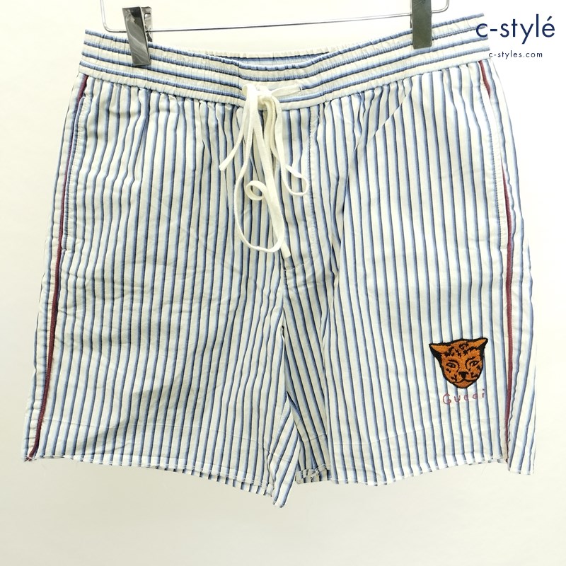 GUCCI ストライプイージーショーツ 46 ホワイト×ブルー ショートパンツ タイガー ロゴ刺繍 イタリア製