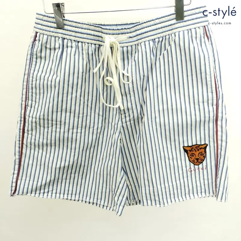 GUCCI ストライプイージーショーツ 46 ホワイト×ブルー ショートパンツ タイガー ロゴ刺繍 イタリア製