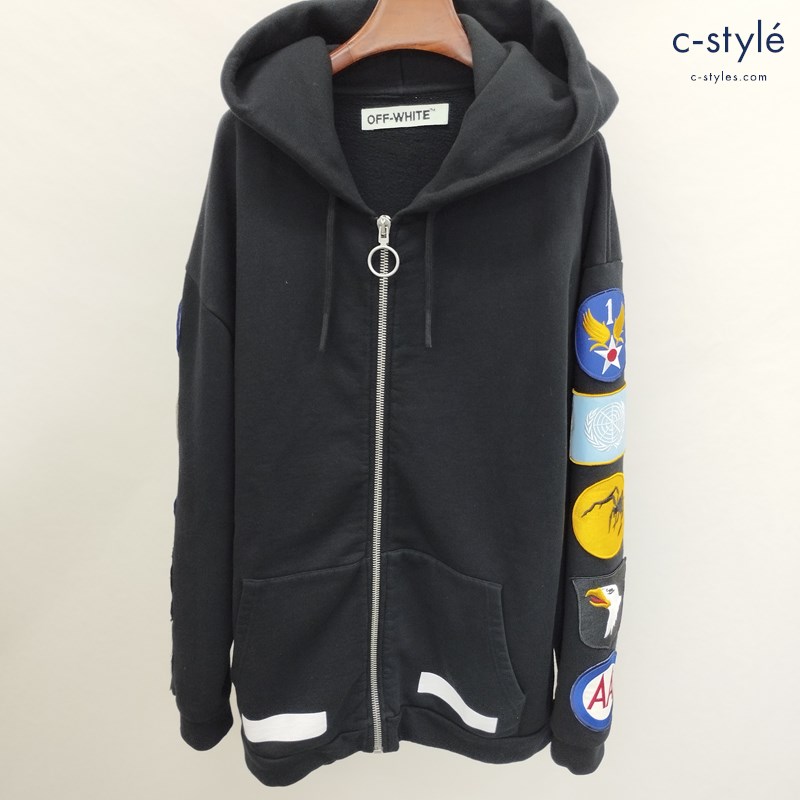 OFF-WHITE オフホワイト Hoodie with Patches XS ブラック ジップパーカー フーディー ワッペン 綿100 長袖