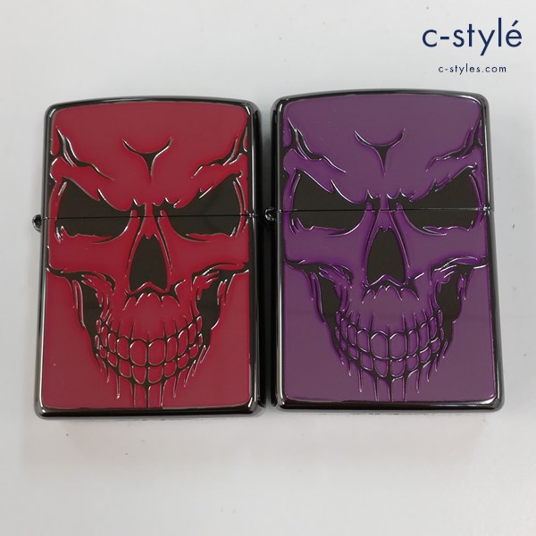 ZIPPO ジッポー オイルライター シルバー ドクロ ガイコツ レッド パープル 喫煙具 計2点