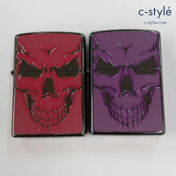 ZIPPO ジッポー オイルライター シルバー ドクロ ガイコツ レッド パープル 喫煙具 計2点