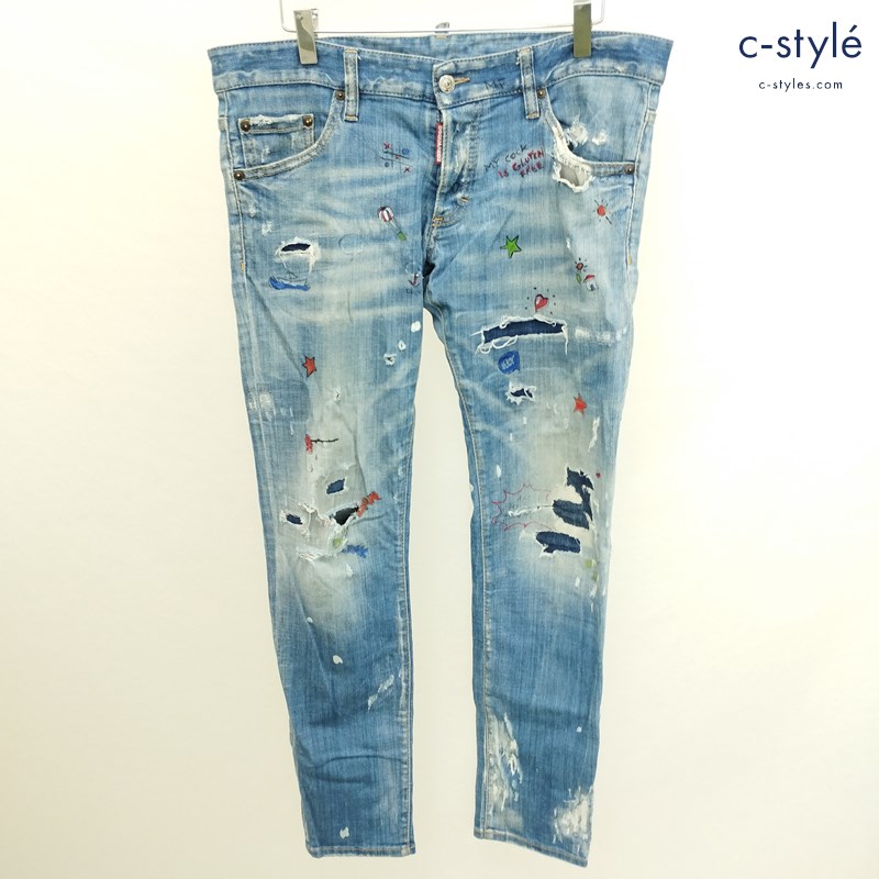 DSQUARED2 ディースクエアード Regular clement Jean デニムパンツ 48 インディゴ ストレッチ ダメージ加工