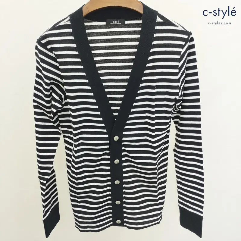 5351 POUR LES HOMMES ボーダーカーディガン 44 ブラック ホワイト 0235-00-23007-2-1